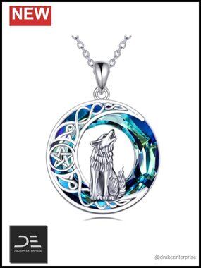 Sterling Silver Wolf Howling Moon Pendant Necklace Women Gift Jewelry